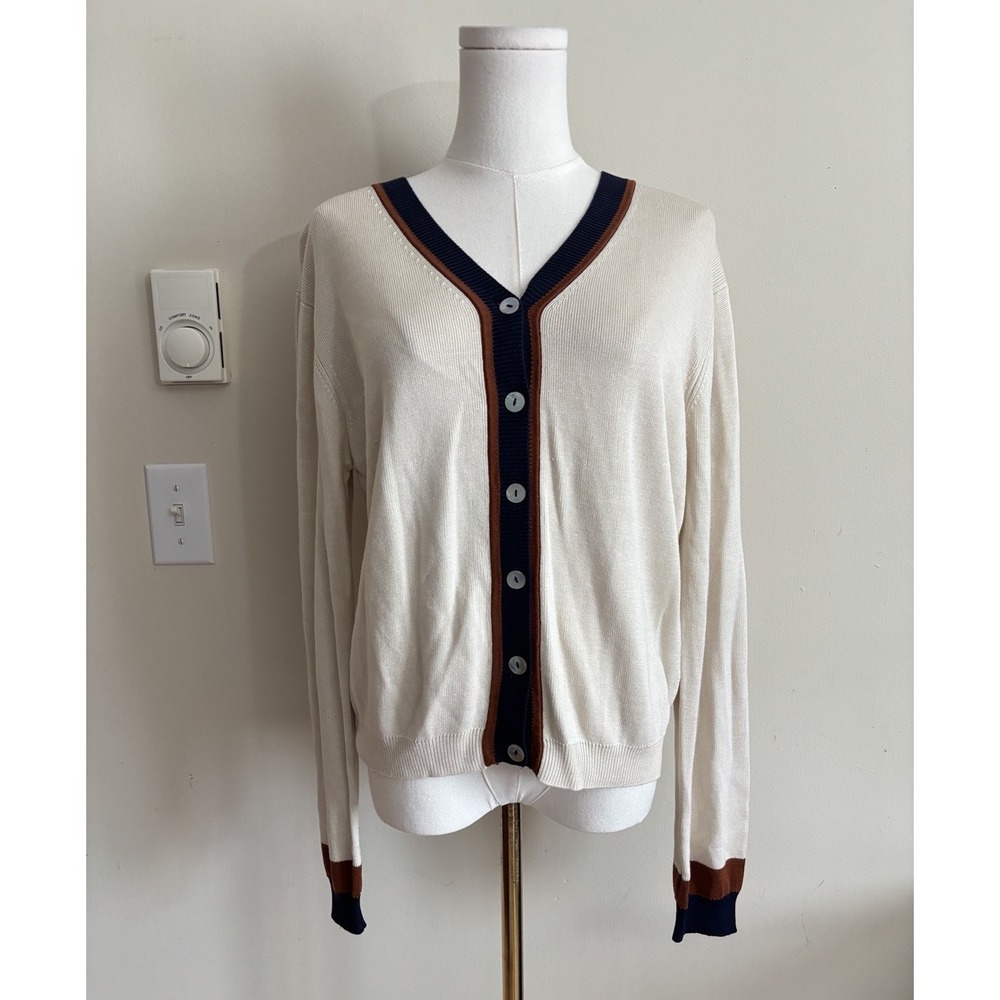 Classic Old Money Preppy V Neck Cardigan Womens Large Neutral Silk Blue